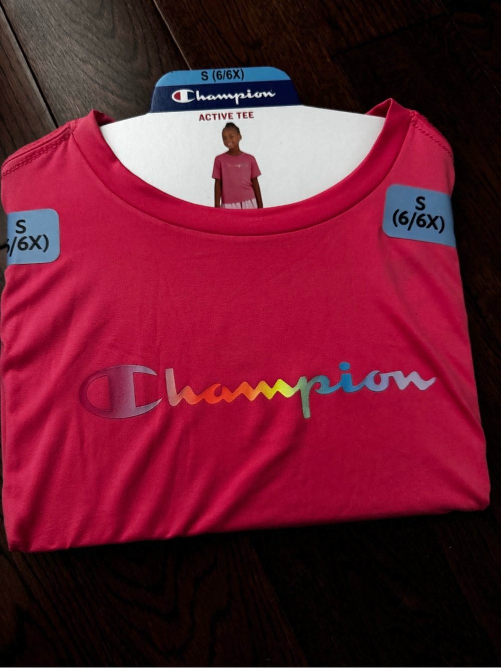 Champion Kids Short-Sleeve Tee in Bright Pink with Rainbow Logo